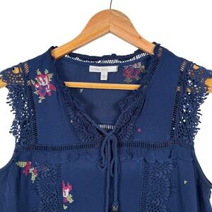 Pale Sky Embroidered Tank Top Women S Navy Blue Boho Crochet Lace Tassel A-805